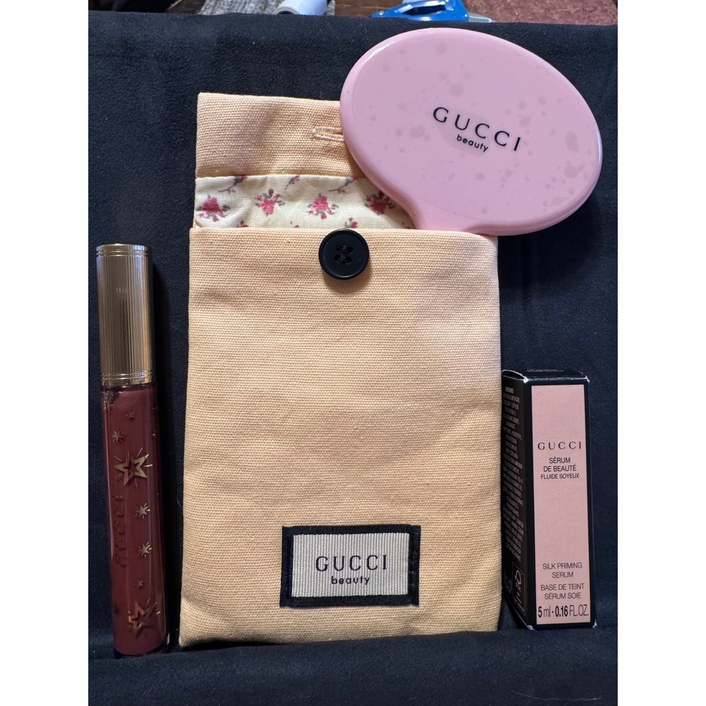 Gucci Beauty Set Pink Hand Mirror Canvas Pouch Lip Gloss Silk Priming Serum NWT